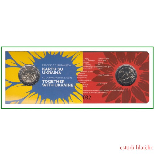 Lituania 2023 Cartera Oficial Coin Card Moneda 2 € conm Juntos con Ucrania 