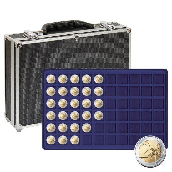 Lindner 2338M-480 Maletín grande para colección de monedas con 8 tableros azul oscuro para 480 monedas o cápsulas para monedas de hasta un diámetro de 27 mm