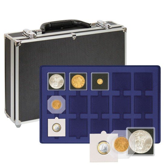 Lindner 2338M-120 Maletín grande para colección de monedas con 8 tableros azul para 616 monedas o cápsulas para monedas de hasta un diámetro de 24