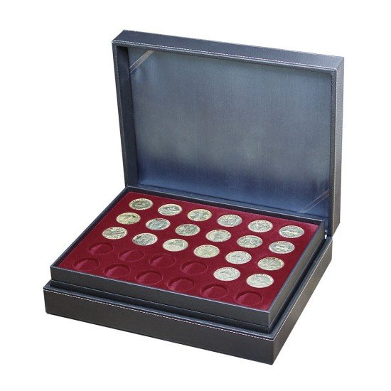 Lindner 2365-2750E Estuche para monedas NERA XL con 3 tableros y plantillas para monedas en color rojo para 90 monedas con un diámetro de 34 mm Lindner 2365-2750E Estuche para monedas NERA XL con 3 tableros y plantillas para monedas en color rojo para 90 monedas con un diámetro de 34 mm