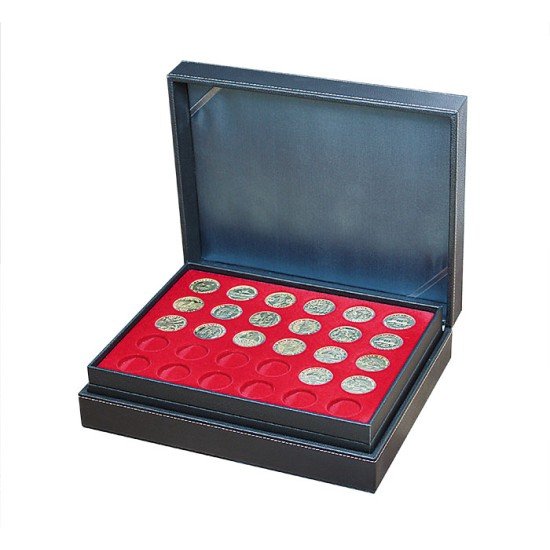 Lindner 2365-2150E Estuche para monedas NERA XL con 3 tableros y plantillas para monedas en color rojo claro para 90 monedas con un diámetro de 34 mm