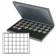 Lindner 2364-2115CE Estuche para monedas NERA M con plantilla para monedas en color negro con 30 casilleros cuadrados para monedas/cápsulas para monedas de hasta 38 mm