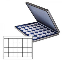 Lindner 2364-2124ME Estuche para monedas NERA M con plantilla para monedas en color azul oscuro con 24 casilleros cuadrados para monedas/cápsulas de hasta 42 mm Lindner 2364-2124ME Estuche para monedas NERA M con plantilla para monedas en color azul oscuro con 24 casilleros cuadrados para monedas/cápsulas de hasta 42 mm
