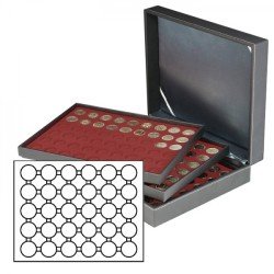 Lindner 2365-2626E Estuche para monedas NERA XL con 3 tableros y plantillas para monedas en color rojo oscuro para 90 cápsulas para monedas hasta 39 mm Lindner 2365-2626E Estuche para monedas NERA XL con 3 tableros y plantillas para monedas en color rojo oscuro para 90 cápsulas para monedas hasta 39 mm