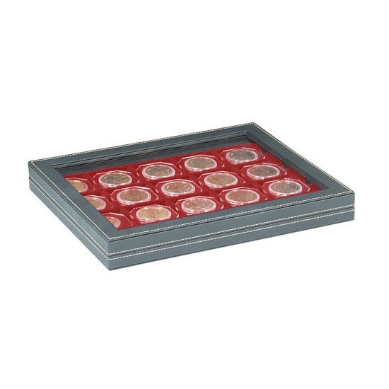 Lindner 2367-2722E  Estuche para monedas NERA M PLUS con plantilla para monedas en color rojo oscuro para 20 marquitos para monedas 50 x 50 mm/cápsulas CARRÉE/ORTO