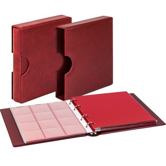 Lindner 1106NW-W Juego: Álbum para monedas karat CLASSIC con estuche protector, en color rojo vino Incl. dos paquetes de 5 hojas de monedas karat de su elección
