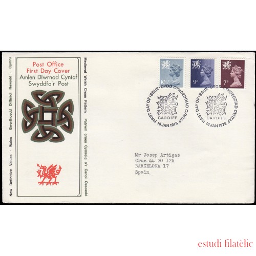Gran Bretaña 846/54 (de la serie) 1978 SPD FDC Serie Reina Isabel II Gales  Sobre primer día Cardiff
