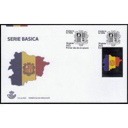 Andorra Española 537 2023 Bandera y Escudo de Andorra SPD Sobre Primer Día Tarifa A Andorra Española 537 2023 Bandera y Escudo de Andorra SPD Sobre Primer Día Tarifa A
