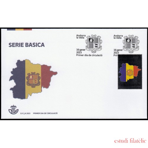 Andorra Española 537 2023 Bandera y Escudo de Andorra SPD Sobre Primer Día Tarifa A