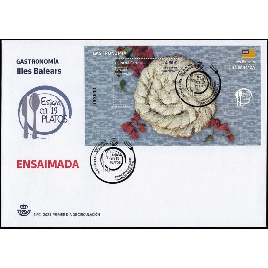 España Spain 5651 2023 Hojita Gastronomía España en 19 platos Illes Balears Ensaimada SPD Sobre Primer Día España Spain 5651 2023 Hojita Gastronomía España en 19 platos Illes Balears Ensaimada SPD Sobre Primer Día
