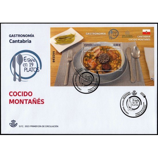España Spain 5680 2023 Hojita Gastronomía España en 19 platos Cantabria Cocido montañes SPD Sobre Primer Día España Spain 5680 2023 Hojita Gastronomía España en 19 platos Cantabria Cocido montañes SPD Sobre Primer Día