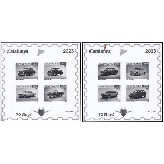 Catalunya Catalonia 2023 hojitas de pruebas filatélicas en blanco y negro 70 años Seat Catalunya Catalonia 2023 hojitas de pruebas filatélicas en blanco y negro 70 años Seat