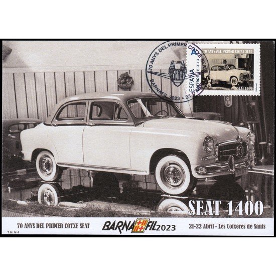 España 2023 Tarjeta 70 Anys del primer cotxe SEAT 1400 matasello especial España 2023 Tarjeta 70 Anys del primer cotxe SEAT 1400 matasello especial
