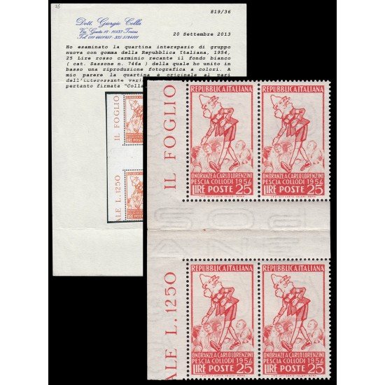 Italia Italy 683 1954 Catálogo Sassone 746a En honor a Carlo Lorenzini autor de Pinocho Bl.4 MNH Italia Italy 683 1954 Catálogo Sassone 746a En honor a Carlo Lorenzini autor de Pinocho Bl.4 MNH