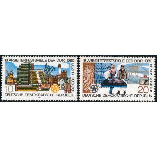VAR1 Alemania Oriental DDR Nº 2175/76 1980 18º Festiv. de los obreros de Rostock Lujo VAR1 Alemania Oriental DDR Nº 2175/76 1980 18º Festiv. de los obreros de Rostock Lujo