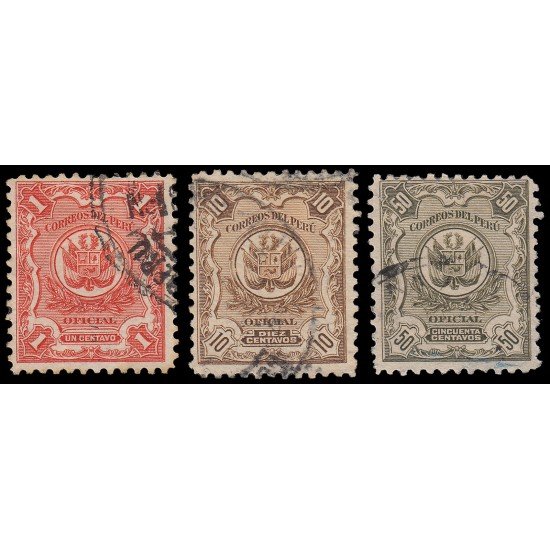 Perú Servicio Oficial 24/26 1909 Grabados Fondo de líneas Usados Perú Servicio Oficial 24/26 1909 Grabados Fondo de líneas Usados