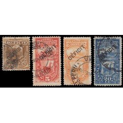 Perú Tasas 34/37 1897-98 Sellos de 1874-79 con sobrecarga Déficit Usados Perú Tasas 34/37 1897-98 Sellos de 1874-79 con sobrecarga Déficit Usados