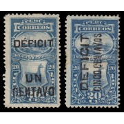 Perú Tasas 42/43 1902 Sellos de 1874 con sobrecarga Déficit centavos MH