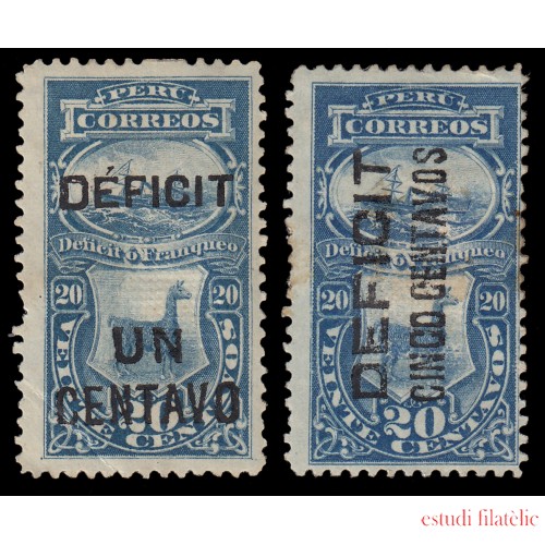 Perú Tasas 42/43 1902 Sellos de 1874 con sobrecarga Déficit centavos MH