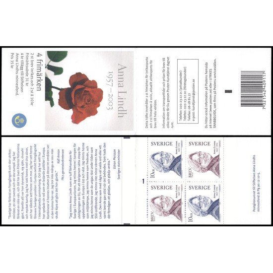 Suecia Sweden C2364 2003 En memoria de Anna Lindh Ministra de asuntos exteriores Carnet MNH Suecia Sweden C2364 2003 En memoria de Anna Lindh Ministra de asuntos exteriores Carnet MNH