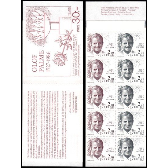 Suecia Sweden C1366 1986 Homenaje a Olof Palme Carnet MNH Suecia Sweden C1366 1986 Homenaje a Olof Palme Carnet MNH