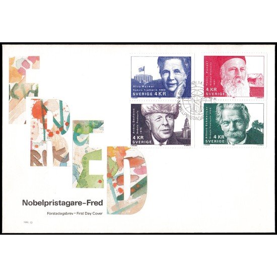 Suecia Sweden SPD FDC 1673/76 1991 Galardonados del premio Nobel de la Paz Sobre primer día