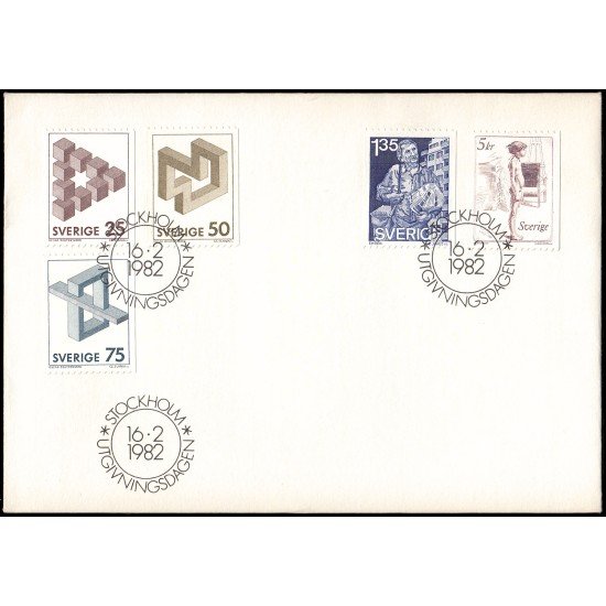 Suecia Sweden SPD FDC 1164/68 1982 Figuras imposibles, Distribuidor de periódicos, Graziella se pregunta si podría ser modelo Sobre primer día Suecia Sweden SPD FDC 1164/68 1982 Figuras imposibles, Distribuidor de periódicos, Graziella se pregunta si podría ser modelo Sobre primer día