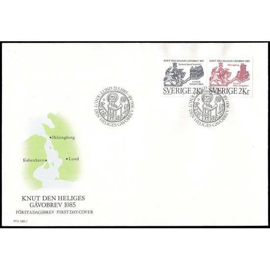Suecia Sweden SPD FDC 1322a 1985 900 aniv. de la escritura de donación de San Canuto a Lund Sobre primer día Suecia Sweden SPD FDC 1322a 1985 900 aniv. de la escritura de donación de San Canuto a Lund Sobre primer día