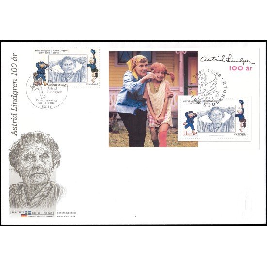Suecia Sweden SPD FDC 2596/HB37 2007 Personalidades literarias Astrid Lindgren Suecia Sweden SPD FDC 2596/HB37 2007 Personalidades literarias Astrid Lindgren