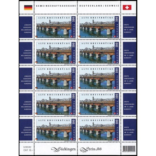 Suiza Switzerland 1994 2008 Antiguo puente de Bad Sackingen sobre el Rhin, Alemania y Suiza minihojita MNH Suiza Switzerland 1994 2008 Antiguo puente de Bad Sackingen sobre el Rhin, Alemania y Suiza minihojita MNH