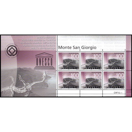 Suiza Switzerland 1810 2004 Lugares de Suiza patrimonio mundial UNESCO Monte San Giorgio minihojita MNH Suiza Switzerland 1810 2004 Lugares de Suiza patrimonio mundial UNESCO Monte San Giorgio minihojita MNH