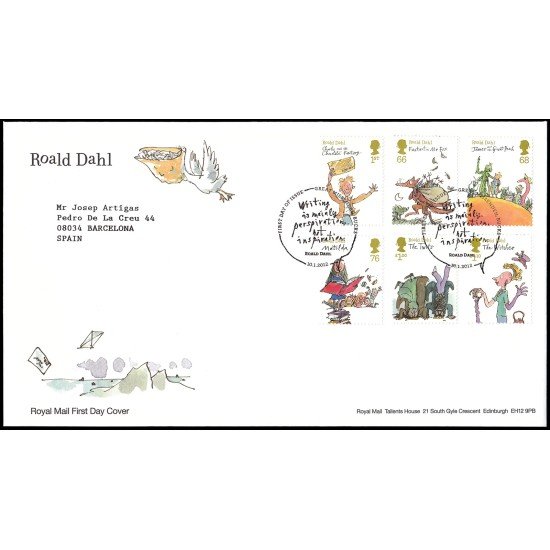 Gran Bretaña 3578/83 2012 SPD FDC Personalidades Roald Dahl escritor Great Missenden Sobre primer día Gran Bretaña 3578/83 2012 SPD FDC Personalidades Roald Dahl escritor Great Missenden Sobre primer día