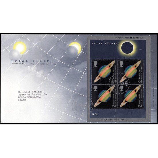Gran Bretaña HB 7 1999 Eclipse total Philatelic Bureau Sobre primer día Gran Bretaña HB 7 1999 Eclipse total Philatelic Bureau Sobre primer día