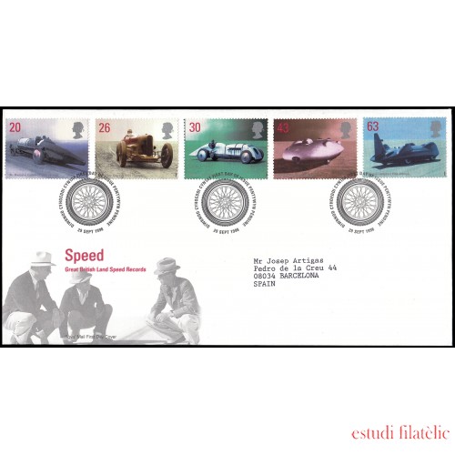 Gran Bretaña 2056/60 1998 SPD FDC Poseedores del récord británico de velocidad en tierra Pentywyn Pendine Sobre primer día Gran Bretaña 2056/60 1998 SPD FDC Poseedores del récord británico de velocidad en tierra Pentywyn Pendine Sobre primer día