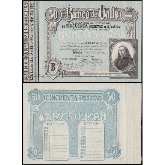 Billete Banco de Valls 50 ptas 1921 Sin circular