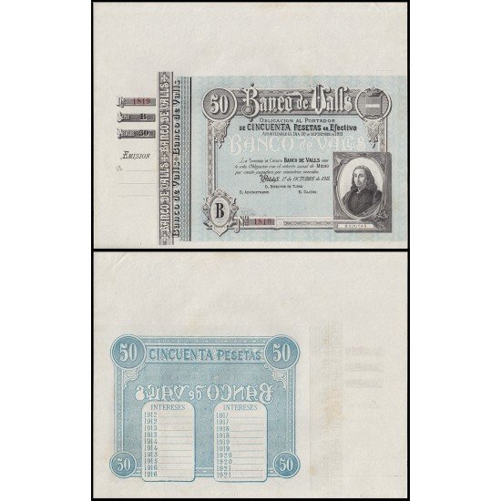 Billete Banco de Valls 50 ptas 1921 Sin firmas y con matriz Sin circular Precioso Billete Banco de Valls 50 ptas 1921 Sin firmas y con matriz Sin circular Precioso