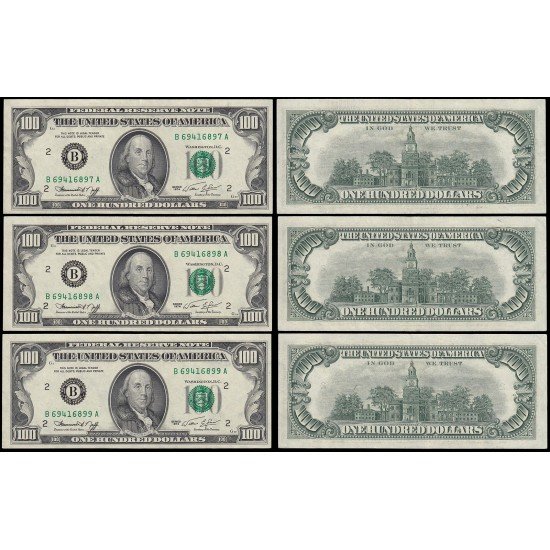 Billetes Estados Unidos 100$ 1974 Trío, numeración correlativa Serie B Billetes Estados Unidos 100$ 1974 Trío, numeración correlativa Serie B
