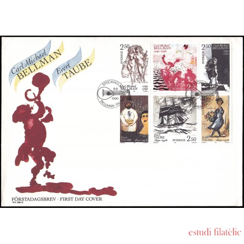 Suecia Sweden SPD FDC 1601/06 1990 Aniversario nacimiento de Carl Michael Bellman y Evert Taube, poetas Sobre primer día Suecia Sweden SPD FDC 1601/06 1990 Aniversario nacimiento de Carl Michael Bellman y Evert Taube, poetas Sobre primer día