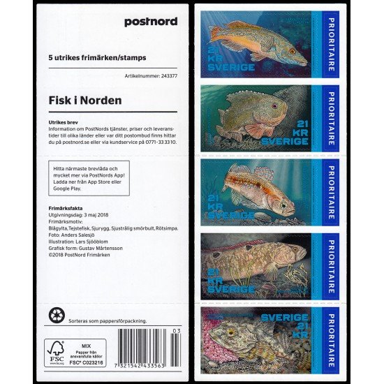 Suecia Sweden C3201 2018 Fauna acuática Peces de la región nórdica Carnet Autoadhesivos Suecia Sweden C3201 2018 Fauna acuática Peces de la región nórdica Carnet Autoadhesivos