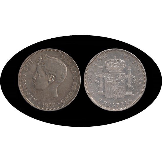 España 5 Pesetas Plata Duro 1897 *97 SG V Alfonso XIII