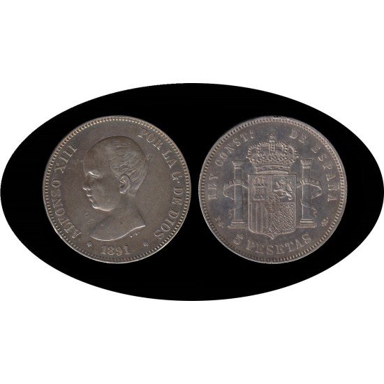 España 5 Pesetas Plata Duro 1891 *91 PG M Alfonso XIII España 5 Pesetas Plata Duro 1891 *91 PG M Alfonso XIII