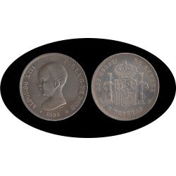 España 5 Pesetas Plata Duro 1891 *91 PG M Alfonso XIII