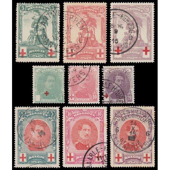 Bélgica 126/34 1914-15 Rey Alberto I Cruz roja Usados Bélgica 126/34 1914-15 Rey Alberto I Cruz roja Usados