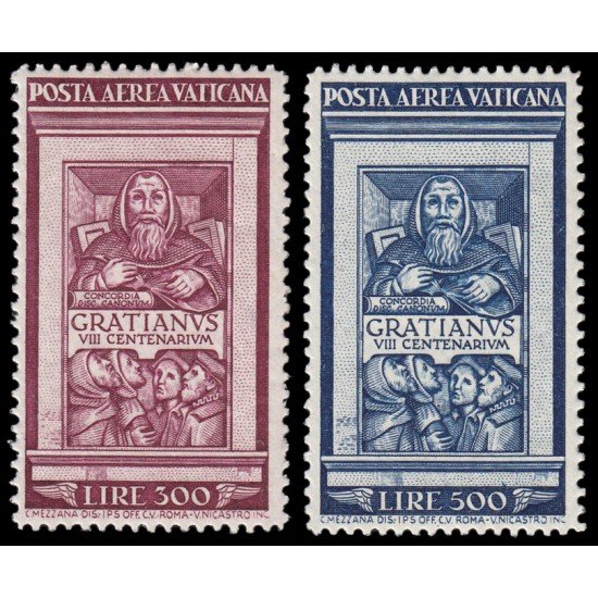 Vaticano Aéreo 20/21 1951 VIII centenario del Decreto de Graciano de Mónaco MNH Vaticano Aéreo 20/21 1951 VIII centenario del Decreto de Graciano de Mónaco MNH