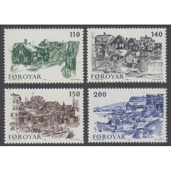 Feroe  53/56  1981 Vistas del viejo Torshavn-dibujos de Ingalvur av Reyni-
