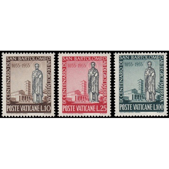 Vaticano 218/20 1955 Basilica of Grottaferrat 900 aniv. de la muerte de San Bartolomé MNH Vaticano 218/20 1955 Basilica of Grottaferrat 900 aniv. de la muerte de San Bartolomé MNH