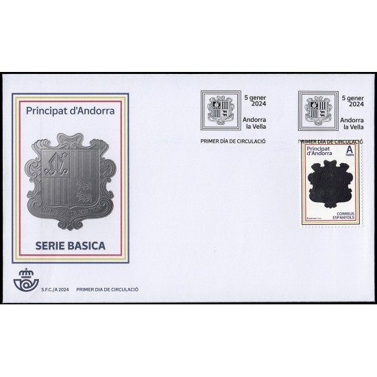 Andorra Española 552 2024 Bandera y escudo de Andorra SPD Sobre Primer Día Tarifa A Andorra Española 552 2024 Bandera y escudo de Andorra SPD Sobre Primer Día Tarifa A