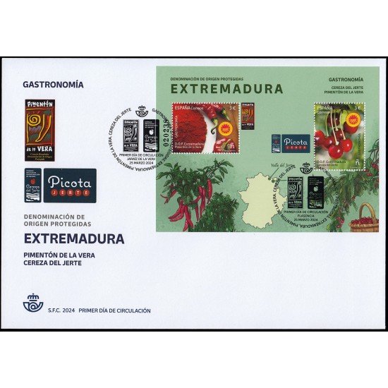 España Spain 5732A/32B 2024 Gastronomía Denominación de origen protegidas Extremadura SPD Sobre Primer Día España Spain 5732A/32B 2024 Gastronomía Denominación de origen protegidas Extremadura SPD Sobre Primer Día