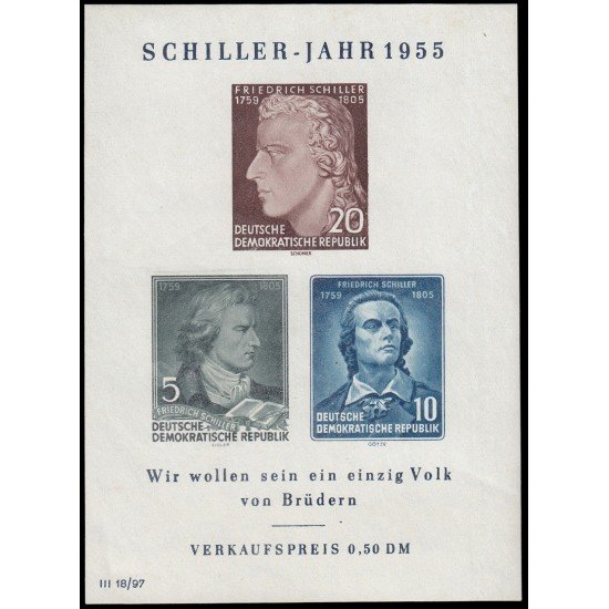 Alemania Oriental Germany HB 6 1955 150 aniv. de la muerte de Schiller MNH Alemania Oriental Germany HB 6 1955 150 aniv. de la muerte de Schiller MNH