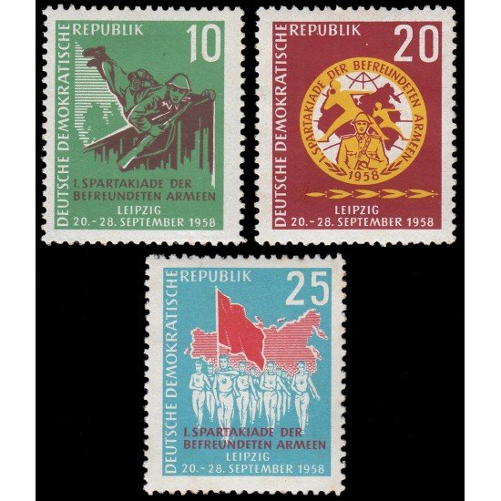 Alemania Oriental 370/72 1958 Primera Espartaquiada de verano de los ejércitos amigos, Leipzig MH Alemania Oriental 370/72 1958 Primera Espartaquiada de verano de los ejércitos amigos, Leipzig MH